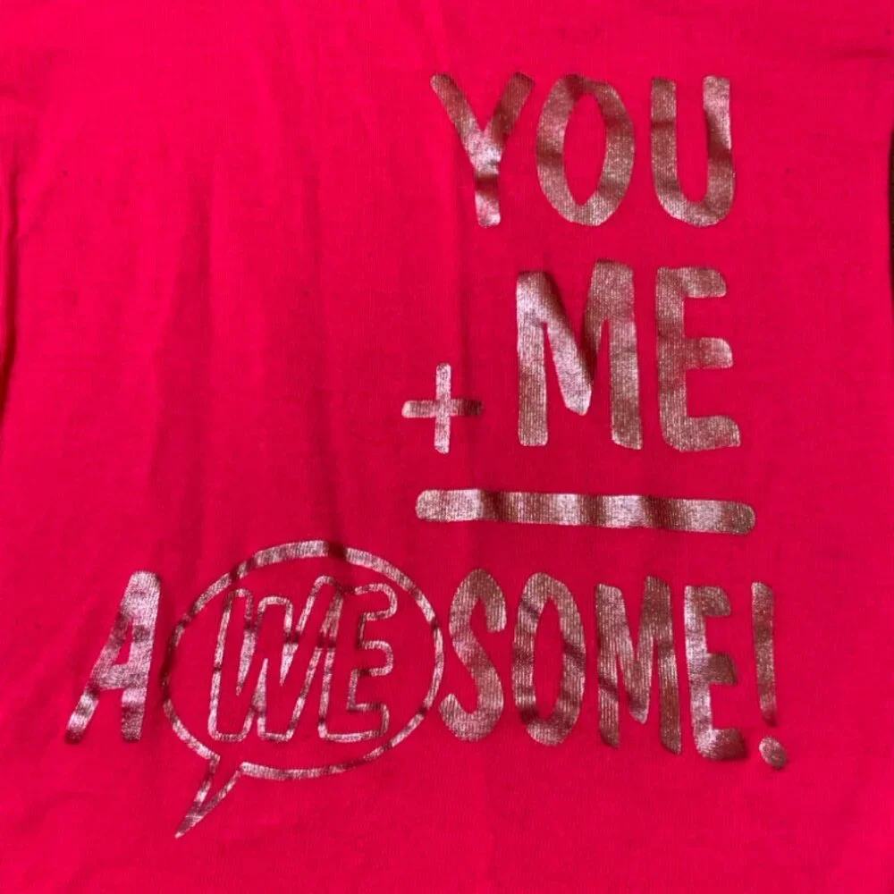 Justice Girls 8 Neon Pink Gold Knit Long Sleeve Metallic You + Me = Awesome‎ Top